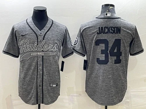 Baseball Jersey For School Teams-Men's Las Vegas Raiders #34 Bo Jackson Gray With Patch Cool Base Stitched Baseball Jersey