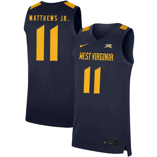 Football Jersey For Personalized Embroidered Designs-Basketball Jersey For Personalized Embroidered Designs-West Virginia Mountaineers 11 Emmitt Matthews Jr. Navy Basketball College Basketball Jersey.jpeg