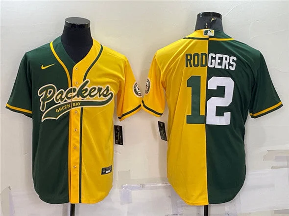 Baseball Jersey With Soft Touch Fabric-Men's Green Bay Packers #12 Aaron Rodgers Green/Yellow Split With Patch Cool Base Stitched Baseball Jersey