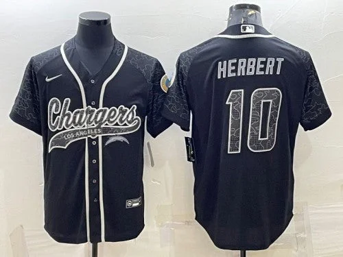 Baseball Jersey With Personalized Text-Men's Los Angeles Chargers #10 Justin Herbert Black Reflective With Patch Cool Base Stitched Baseball Jersey