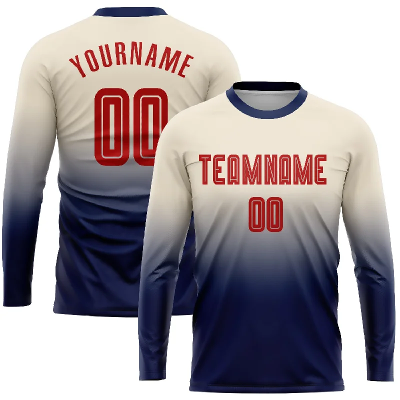 Football Jersey With Vintage Look-Custom Cream Red-Navy Sublimation Long Sleeve Fade Fashion Soccer Uniform Jersey