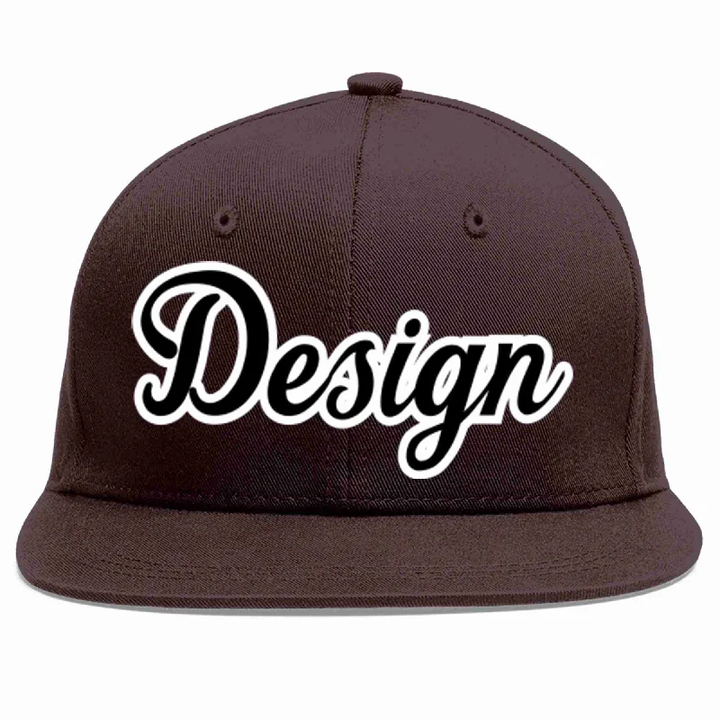 Baseball Cap With Custom Patches-Custom Brown Black-White Flat Eaves Sport Baseball Cap Design for Men/Women/Youth