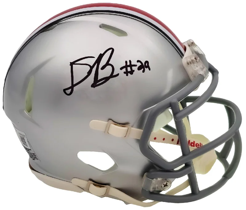 Rugby Helmet With High-Tech Features-Denzel Burke Autographed Ohio State Buckeyes Silver Speed Mini Helmet Beckett BAS QR Stock #203892