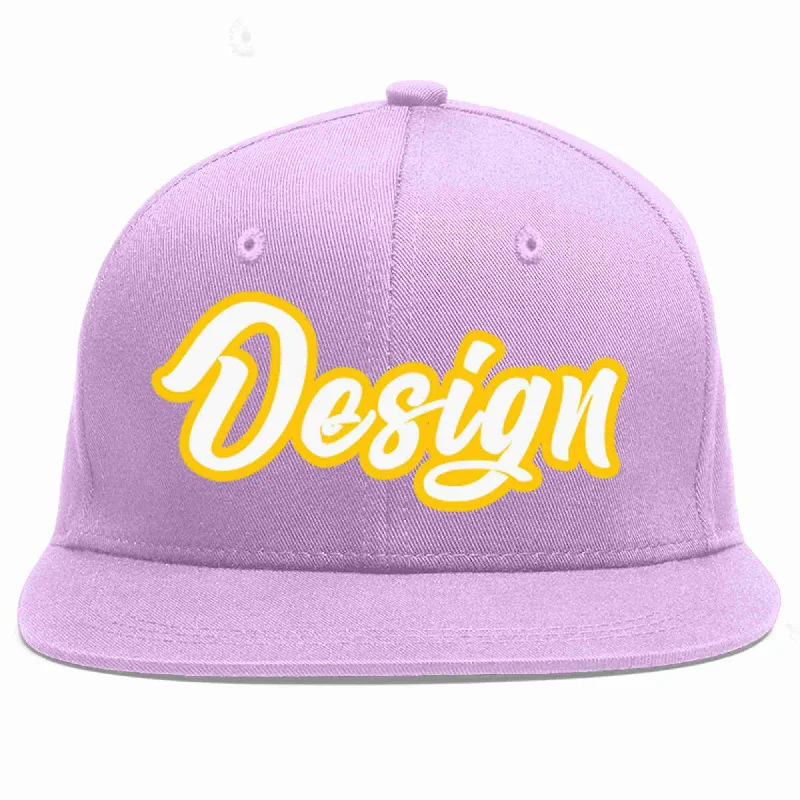 Baseball Cap For Fashion Lovers-Custom Light Purple White-Gold Flat Eaves Sport Baseball Cap Design for Men/Women/Youth