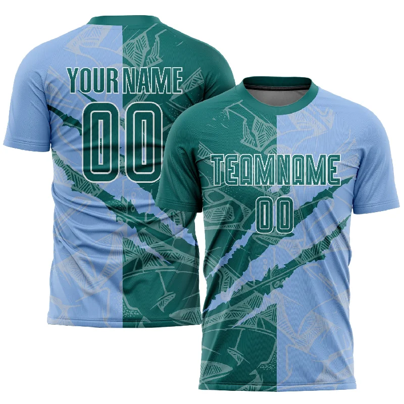 Football Jersey With Custom Design-Custom Graffiti Pattern Teal-Light Blue Scratch Sublimation Soccer Uniform Jersey