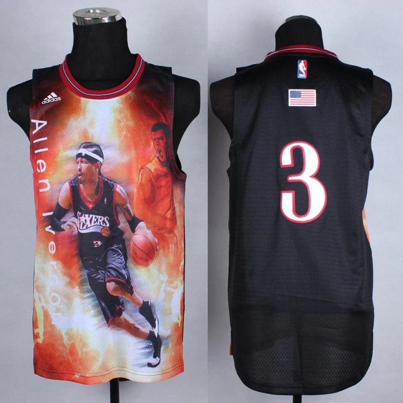 Football Jersey For Sale-Basketball Jersey For Sale-76ers 3 Iverson Black USA Flag Portrait Fashion Basketball Jerseys