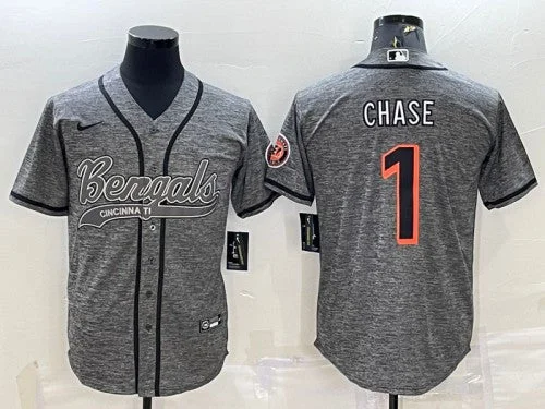 Baseball Jersey For Team Merchandise-Men's Cincinnati Bengals #1 Ja'Marr Chase Gray With Patch Cool Base Stitched Baseball Jersey