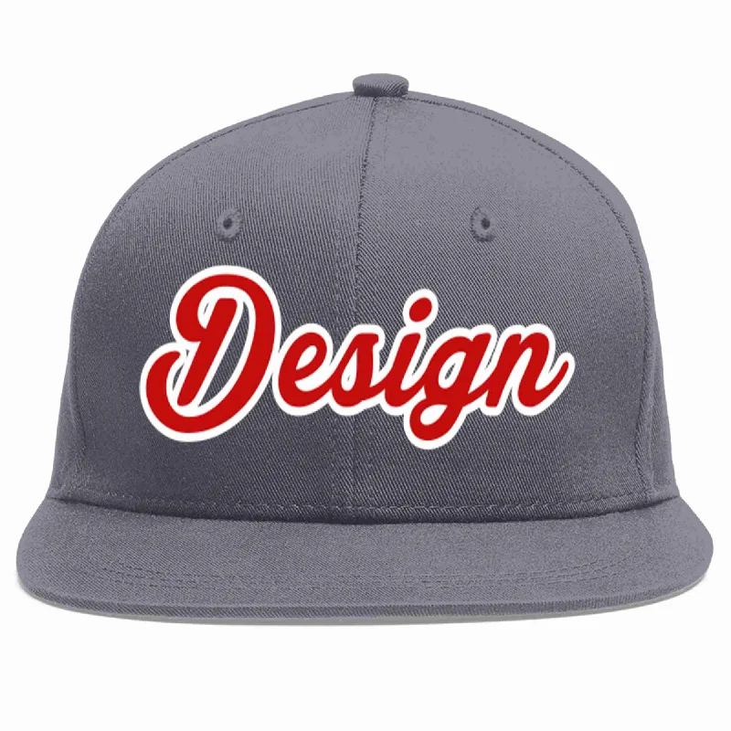 Baseball Cap With Vintage Look-Custom Dark Gray Red-White Flat Eaves Sport Baseball Cap Design for Men/Women/Youth