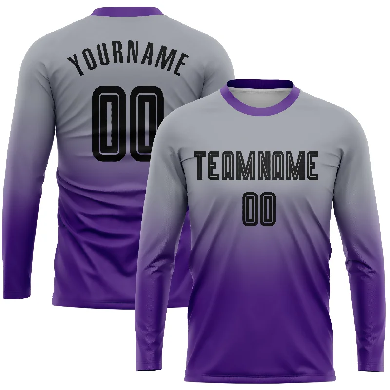 Football Jersey For Game Day-Custom Gray Black-Purple Sublimation Long Sleeve Fade Fashion Soccer Uniform Jersey