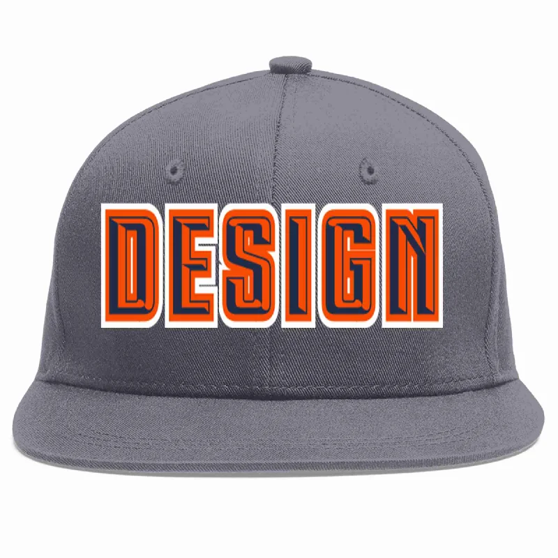 Baseball Cap For Team Events-Custom Dark Gray Navy-Orange Flat Eaves Sport Baseball Cap Design for Men/Women/Youth