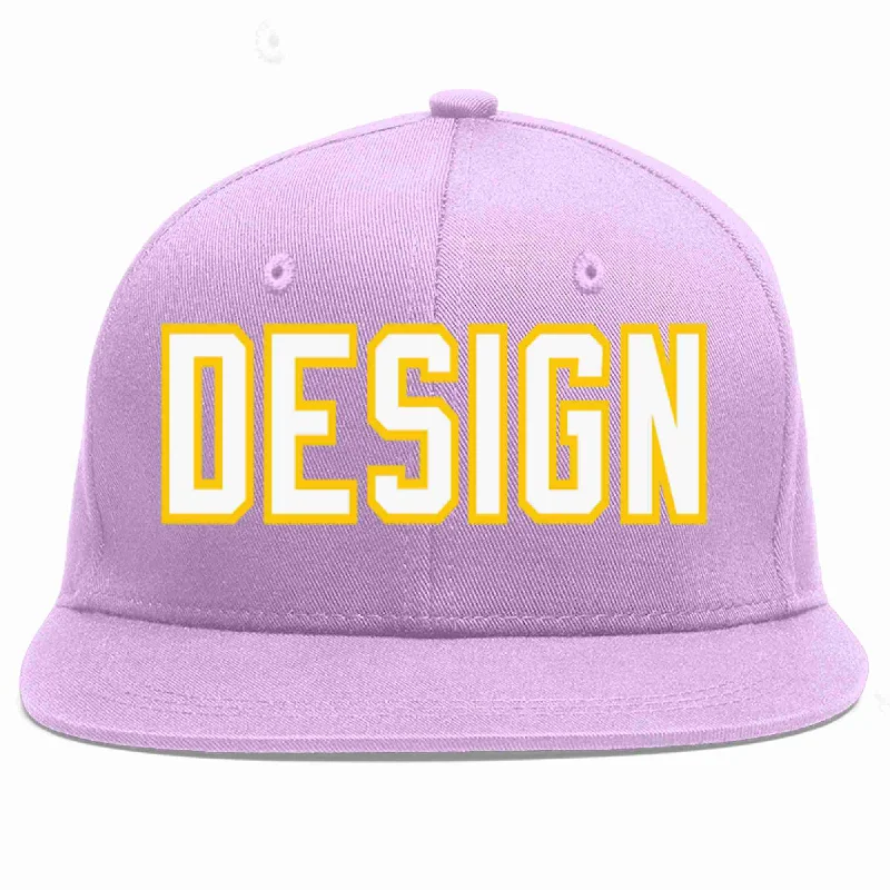 Baseball Cap For Family Events-Custom Light Purple White-Gold Flat Eaves Sport Baseball Cap Design for Men/Women/Youth