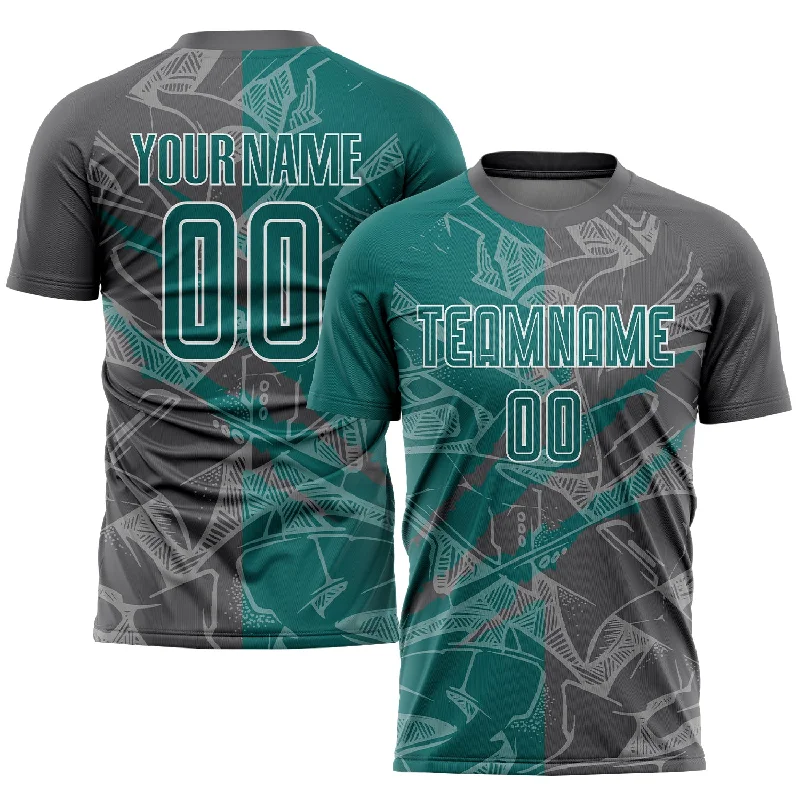 Football Jersey For Kids With Player Names-Custom Graffiti Pattern Teal-Steel Gray Scratch Sublimation Soccer Uniform Jersey