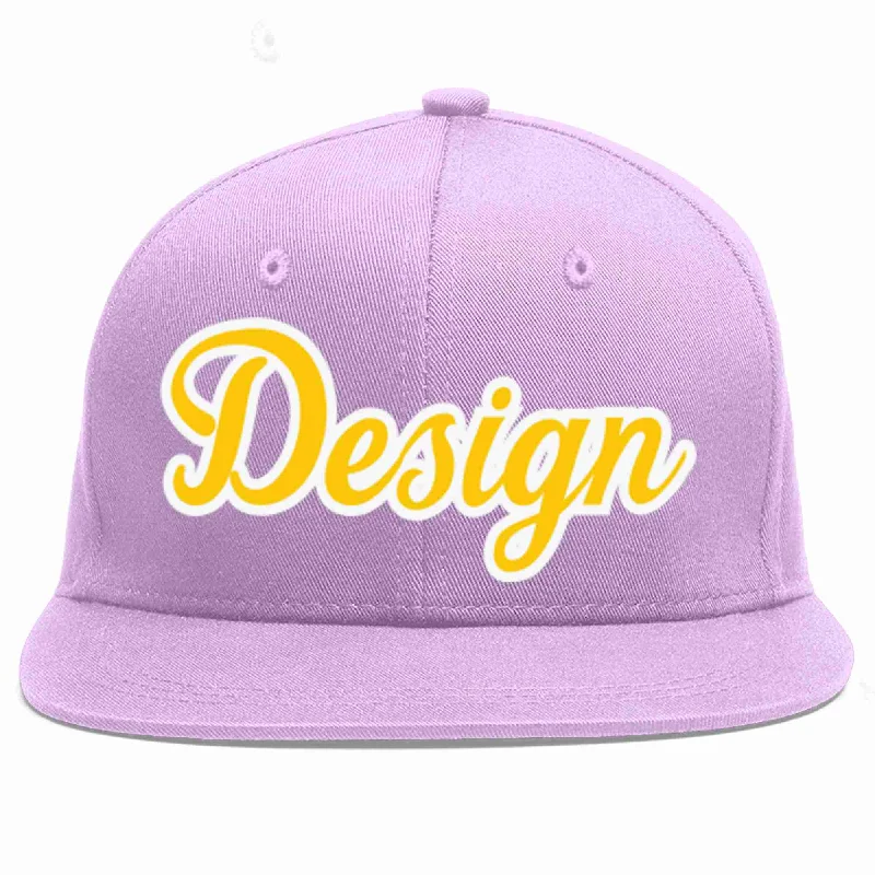 Baseball Cap For Travel Fashion-Custom Light Purple Gold-White Flat Eaves Sport Baseball Cap Design for Men/Women/Youth