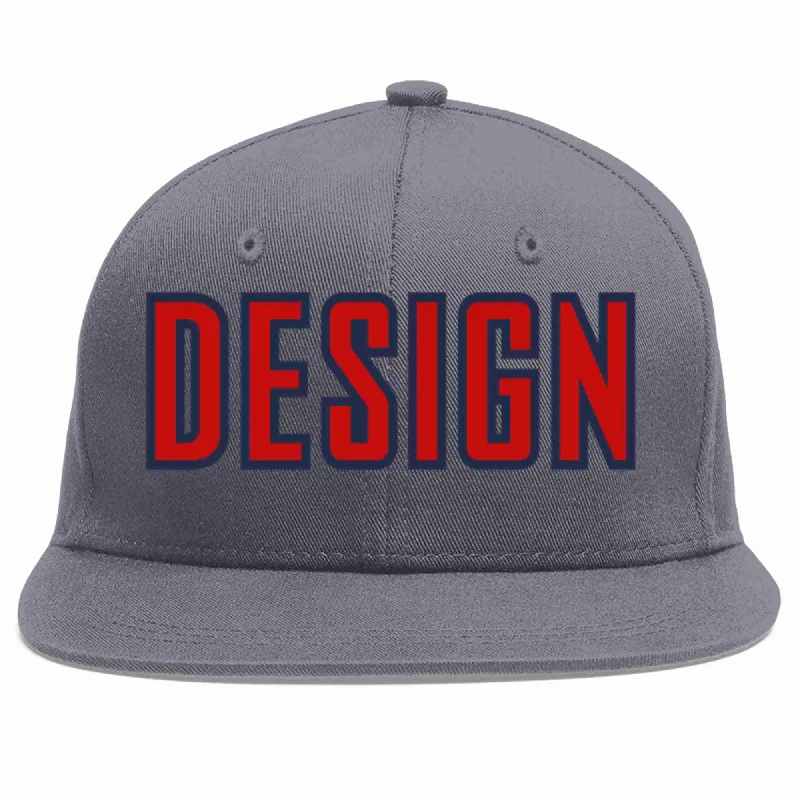 Baseball Cap For Team Spirit-Custom Dark Gray Red-Navy Flat Eaves Sport Baseball Cap Design for Men/Women/Youth