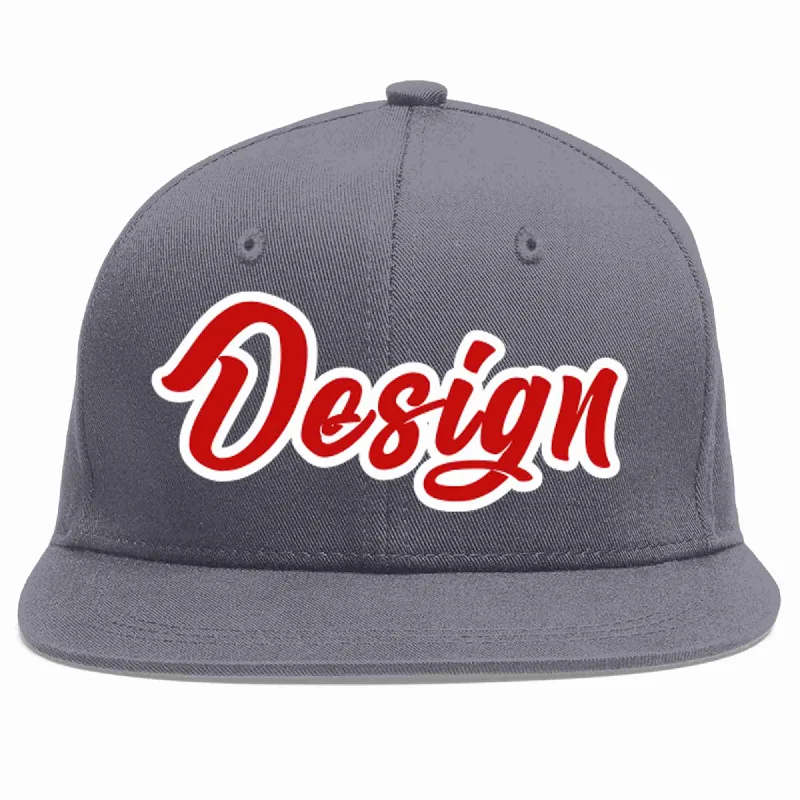 Baseball Cap For Fashion Lovers-Custom Dark Gray Red-White Flat Eaves Sport Baseball Cap Design for Men/Women/Youth