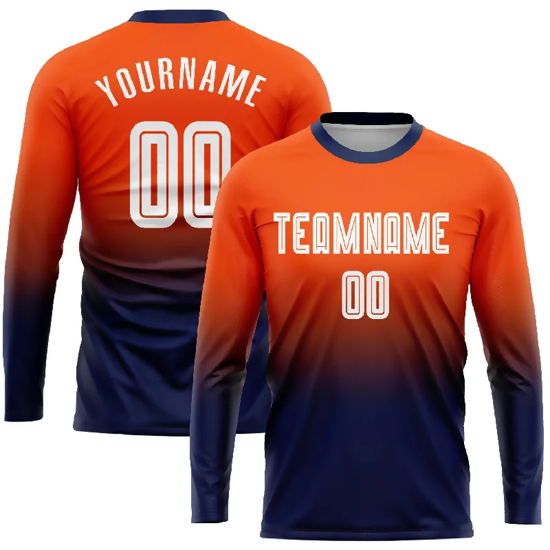 Football Jersey With Creative Artwork-Custom Orange White-Navy Sublimation Long Sleeve Fade Fashion Soccer Uniform Jersey