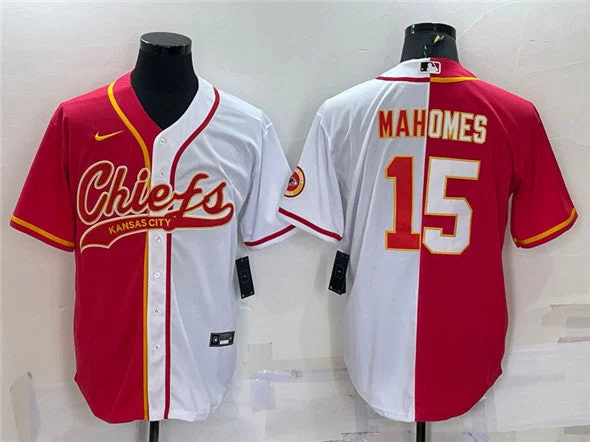 Baseball Jersey For Comfortable Team Uniforms-Men's Kansas City Chiefs #15 Patrick Mahomes Red/White Split With Patch Cool Base Stitched Baseball Jersey