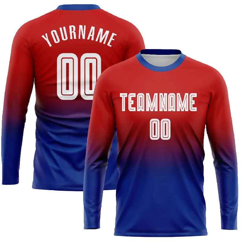 Football Jersey For Adult Leagues-Custom Red White-Royal Sublimation Long Sleeve Fade Fashion Soccer Uniform Jersey