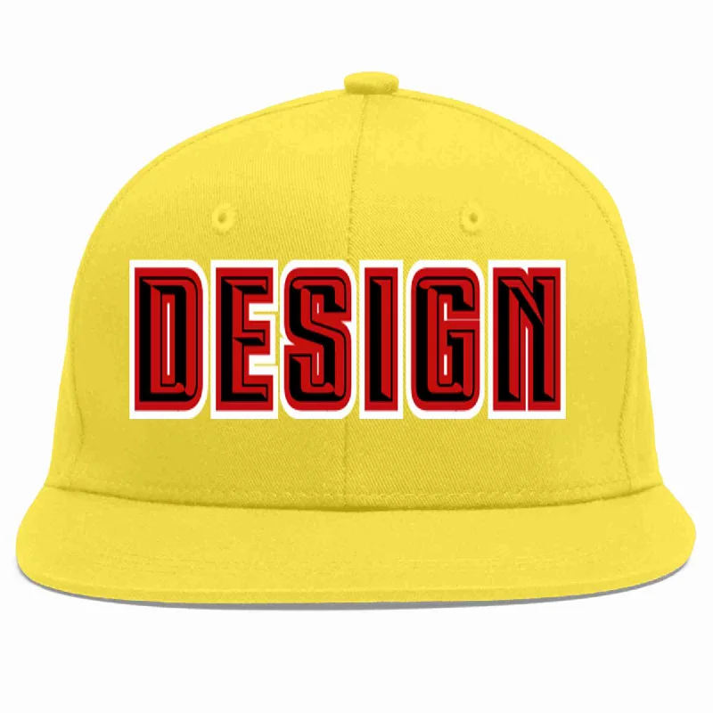 Baseball Cap With Fun Patches-Custom Light Gold Black-Red Flat Eaves Sport Baseball Cap Design for Men/Women/Youth