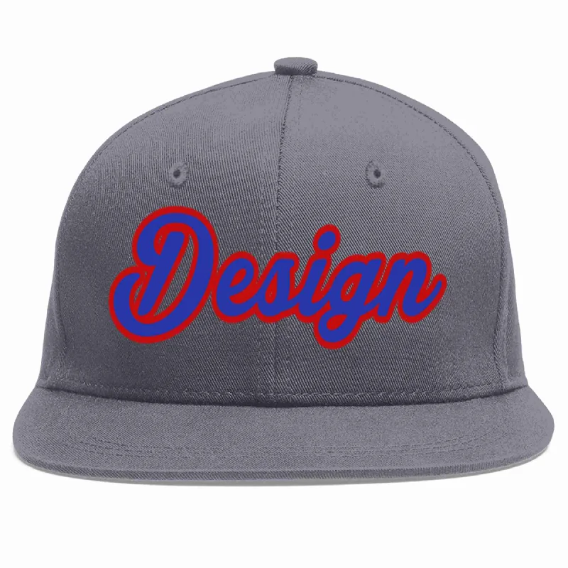 Baseball Cap With Fun Phrases-Custom Dark Gray Royal-Red Flat Eaves Sport Baseball Cap Design for Men/Women/Youth