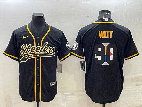 Baseball Jersey With Embroidered Logo-Men's Pittsburgh Steelers #90 T. J. Watt Black Team Big Logo With Patch Cool Base Stitched Baseball Jersey