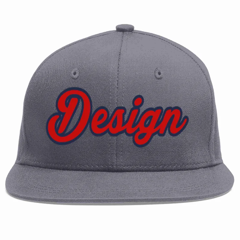 Baseball Cap For Corporate Branding-Custom Dark Gray Red-Navy Flat Eaves Sport Baseball Cap Design for Men/Women/Youth