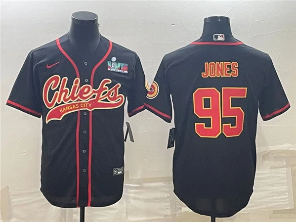 Baseball Jersey For Team-Men's Kansas City Chiefs #95 Chris Jones Black With Super Bowl LVII Patch Cool Base Stitched Baseball Jersey