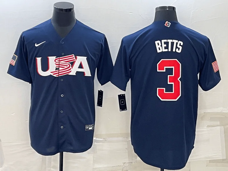 Baseball Jersey For Customized Team Colors-Men's USA Baseball #3 Mookie Betts 2023 Navy World Baseball Classic Stitched Jersey