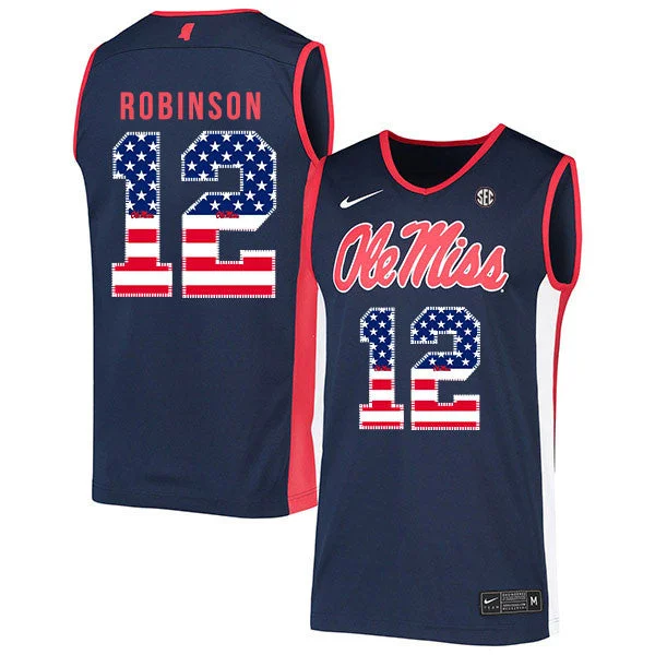 Football Jersey For Custom Branding-Basketball Jersey For Custom Branding-Ole Miss Rebels 12 Shon Robinson Navy USA Flag Basketball College Basketball Jersey