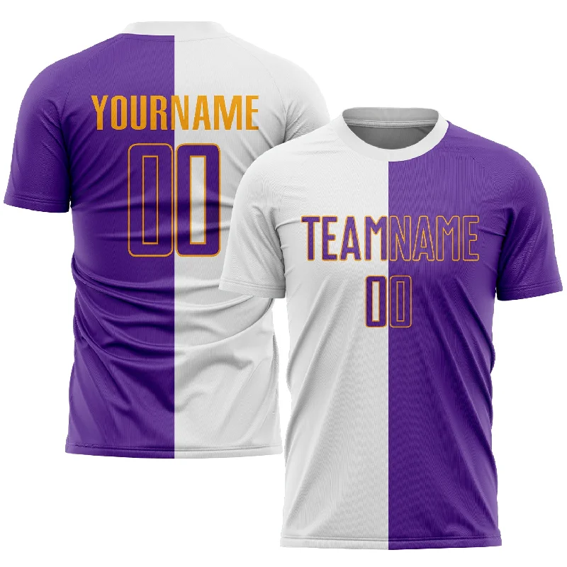 Football Jersey For Competitive Leagues-Custom White Purple-Gold Sublimation Split Fashion Soccer Uniform Jersey