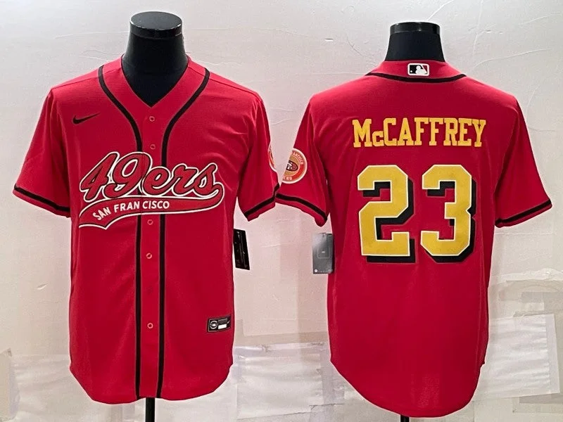 Baseball Jersey For Custom Logo Placement-Men's San Francisco 49ers #23 Christian McCaffrey Red Gold With Patch Cool Base Stitched Baseball Jersey