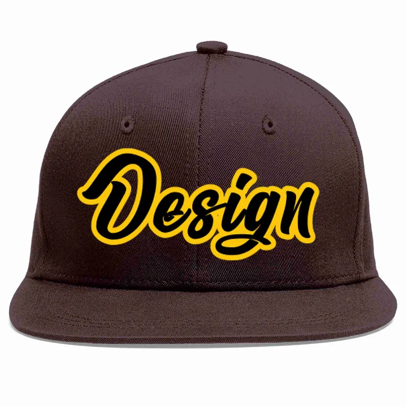 Baseball Cap With Subtle Design-Custom Brown Black-Gold Flat Eaves Sport Baseball Cap Design for Men/Women/Youth