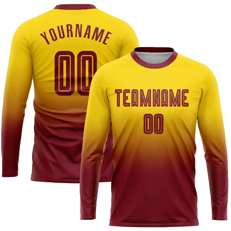 Football Jersey For Championship Games-Custom Gold Crimson Sublimation Long Sleeve Fade Fashion Soccer Uniform Jersey