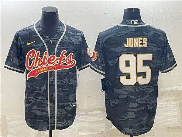 Baseball Jersey For Kids-Men's Kansas City Chiefs #95 Chris Jones Gray Camo With Patch Cool Base Stitched Baseball Jersey