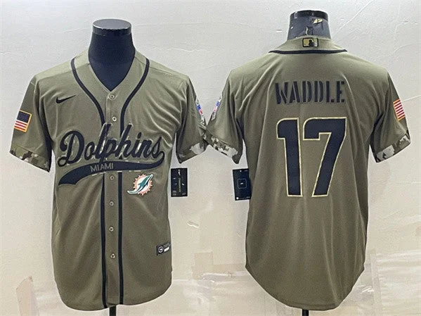 Baseball Jersey For Alumni Events-Men's Miami Dolphins #17 Jaylen Waddle Olive 2022 Salute To Service Cool Base Stitched Baseball Jersey