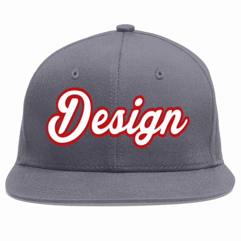 Baseball Cap With Custom Name-Custom Dark Gray White-Red Flat Eaves Sport Baseball Cap Design for Men/Women/Youth