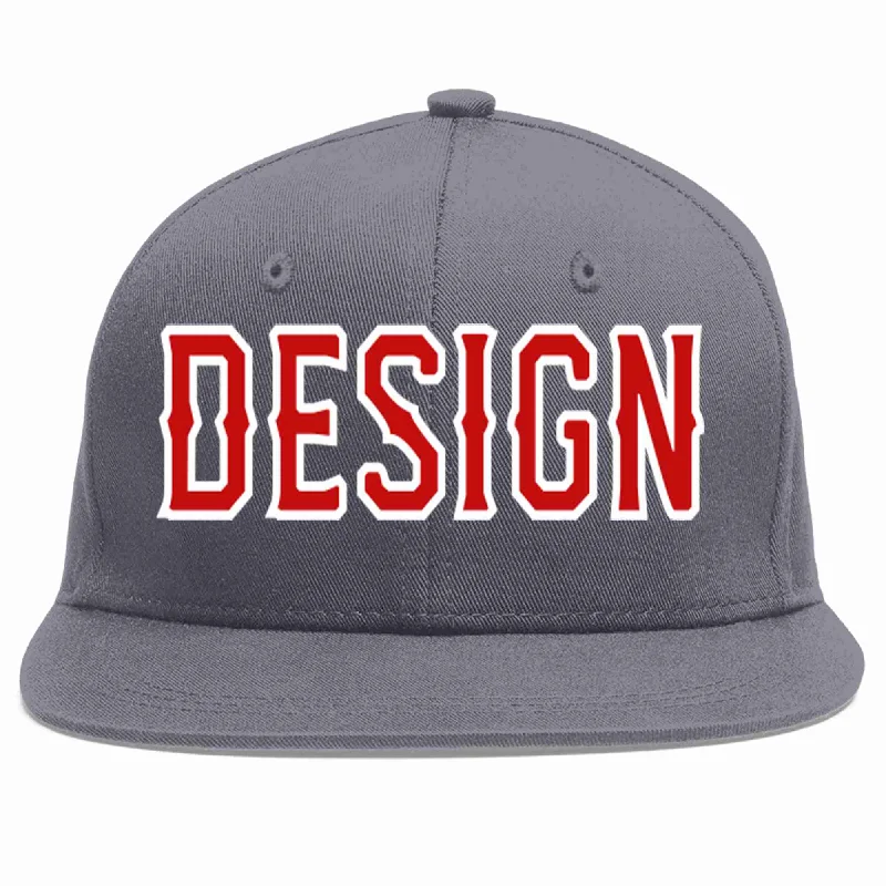 Custom Printed Baseball Cap-Custom Dark Gray Red-White Flat Eaves Sport Baseball Cap Design for Men/Women/Youth