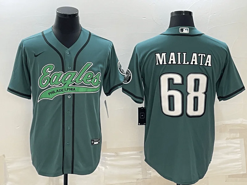 Baseball Jersey With Name And Number-Men's Philadelphia Eagles #68 Jordan Mailata Green With Patch Cool Base Stitched Baseball Jersey