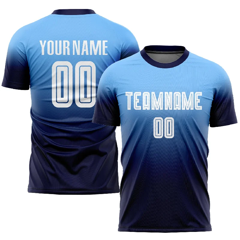 Football Jersey For Coaches-Custom Light Blue White-Navy Sublimation Fade Fashion Soccer Uniform Jersey