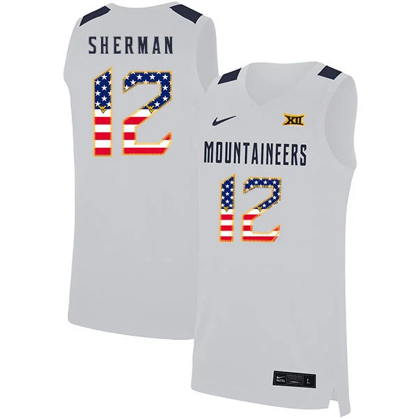 Football Jersey For Elite Players-Basketball Jersey For Elite Players-West Virginia Mountaineers 12 Taz Sherman White USA Flag Basketball College Basketball Jersey