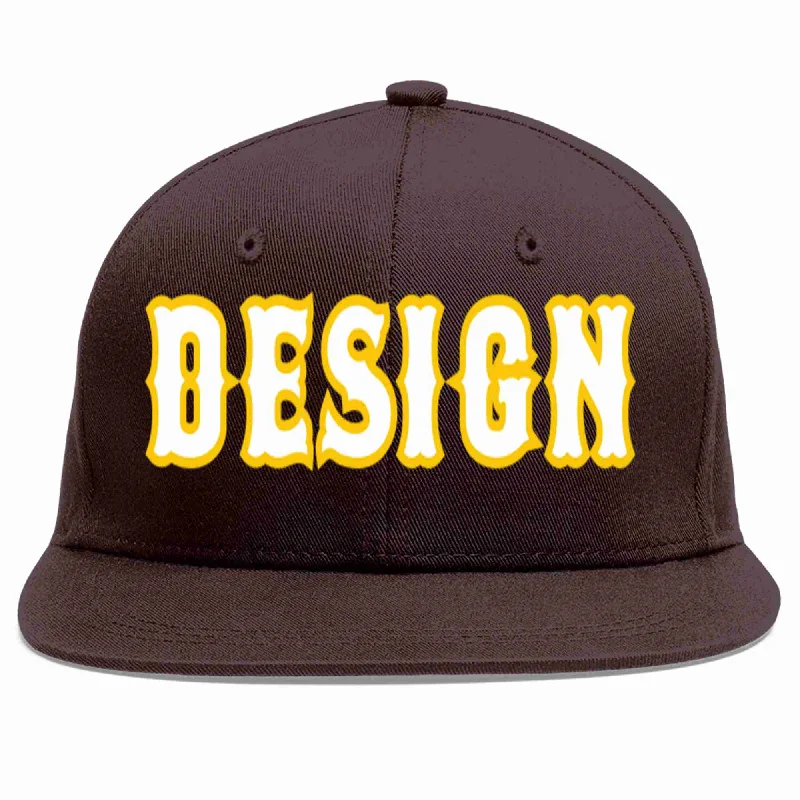 Baseball Cap With Unique Features-Custom Brown White-Gold Flat Eaves Sport Baseball Cap Design for Men/Women/Youth