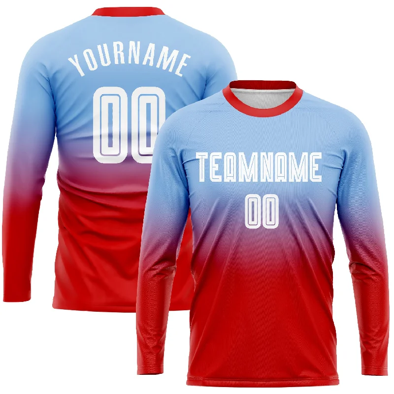 Football Jersey With Custom Team Colors-Custom Light Blue White-Red Sublimation Long Sleeve Fade Fashion Soccer Uniform Jersey