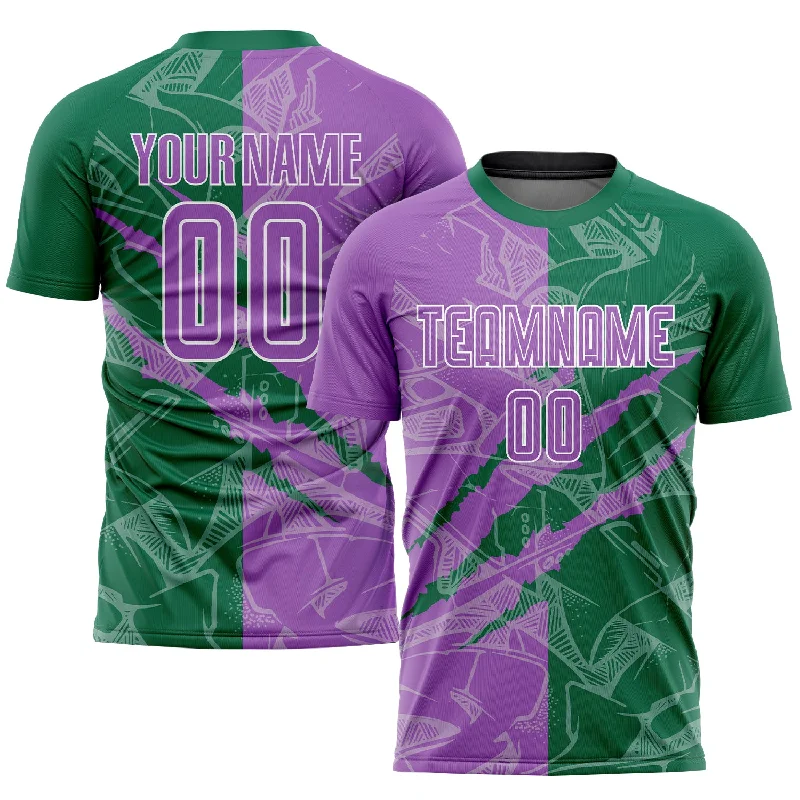 Football Jersey For Match Day-Custom Graffiti Pattern Medium Purple-Kelly Green Scratch Sublimation Soccer Uniform Jersey