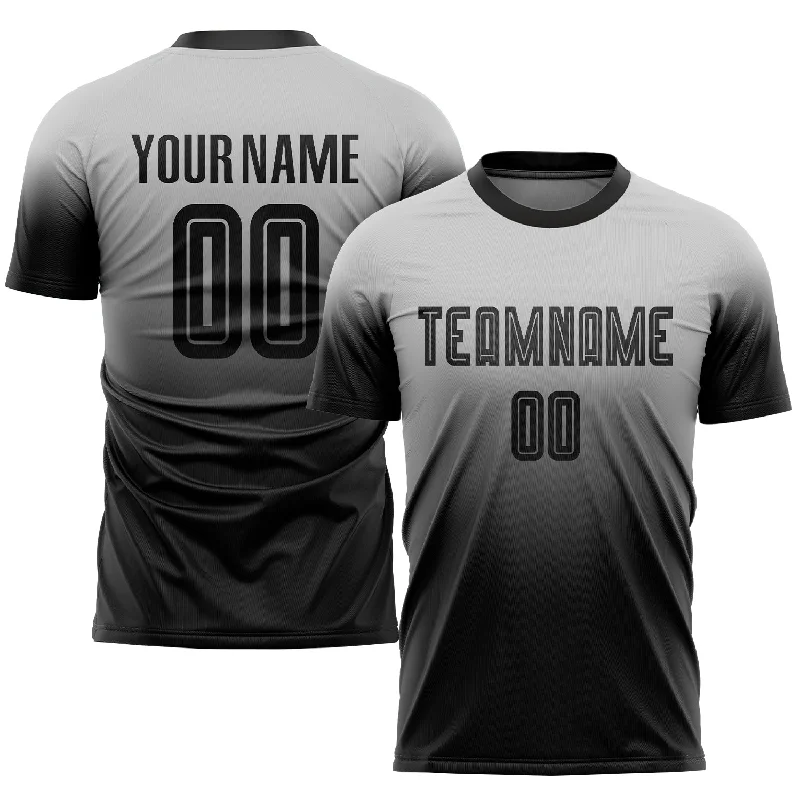 Football Jersey With Player Portraits-Custom Gray Black Sublimation Fade Fashion Soccer Uniform Jersey