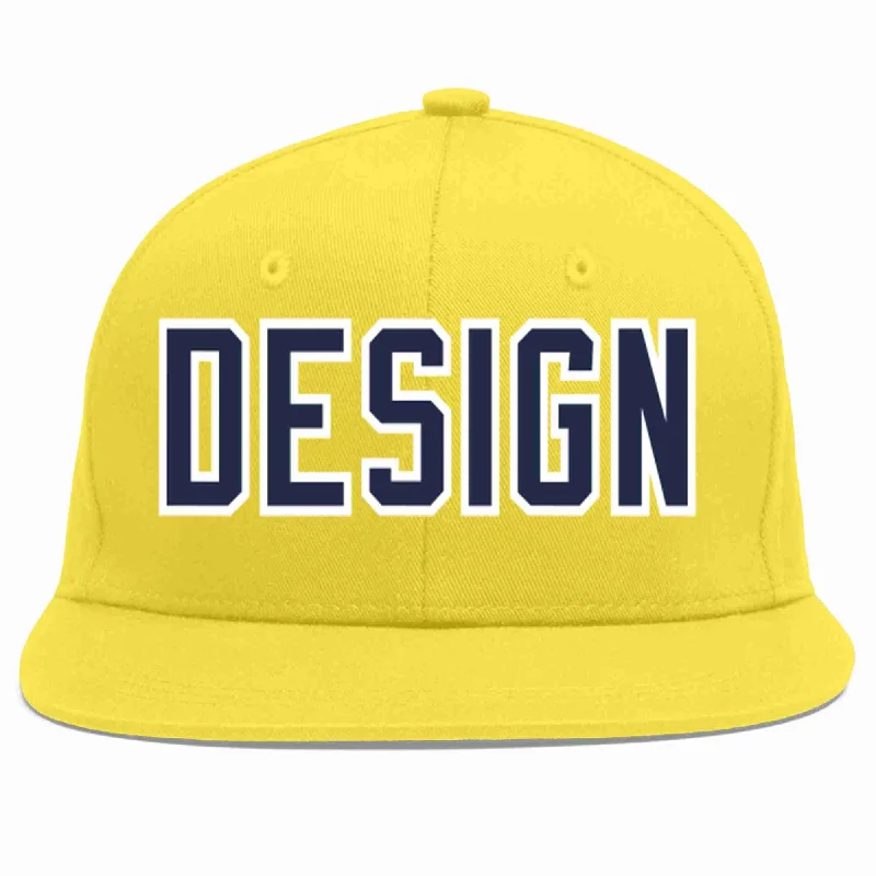 Baseball Cap With Artistic Designs-Custom Light Gold Navy-White Flat Eaves Sport Baseball Cap Design for Men/Women/Youth