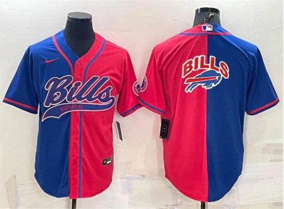 Baseball Jersey For Tournament Wear-Men's Buffalo Bills Blank Royal/Red Split Team Big Logo With Patch Cool Base Stitched Baseball Jersey