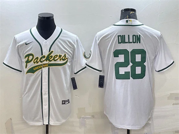 Baseball Jersey For Game Apparel-Men's Green Bay Packers #28 A.J. Dillon White With Patch Cool Base Stitched Baseball Jersey