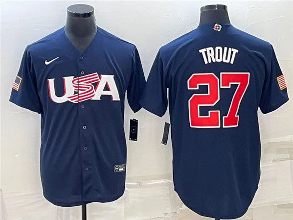 Baseball Jersey For Rec Leagues-Men's USA Baseball #27 Mike Trout 2023 Navy World Baseball Classic Stitched Jersey