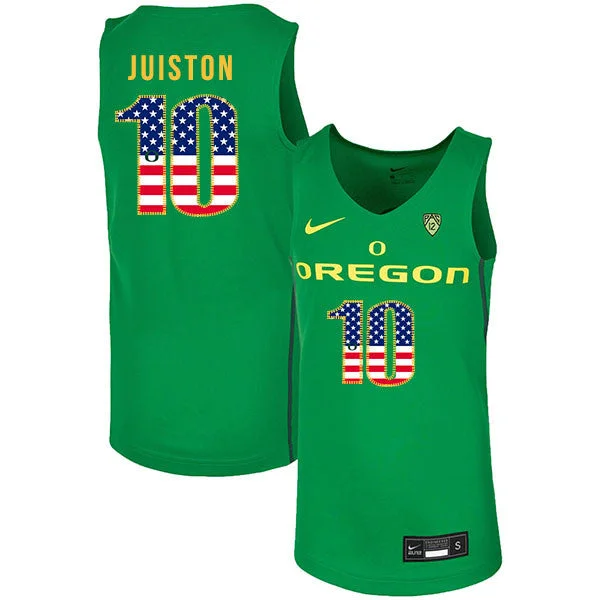 Football Jersey For Pre-Game Preparation-Basketball Jersey For Pre-Game Preparation-Oregon Ducks 10 Shakur Juiston Green USA Flag College Basketball Basketball Jersey