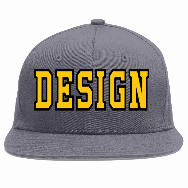 Baseball Cap With Vintage Styling-Custom Dark Gray Gold-Black Flat Eaves Sport Baseball Cap Design for Men/Women/Youth